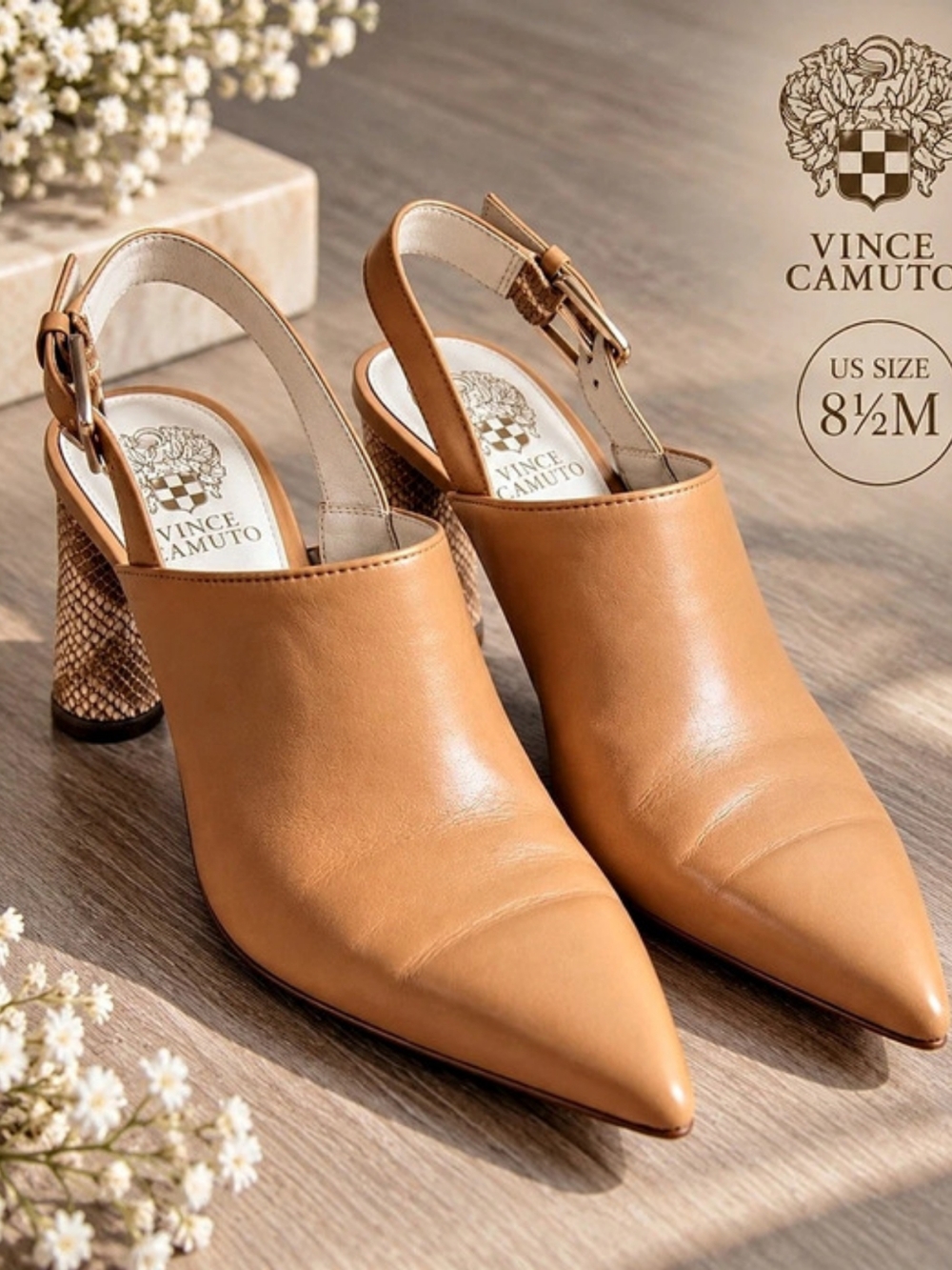Vince Camuto VC-KORLIN Pointed Toe Slingback Mule Booties Tan/Caramel, Size 8.5M
